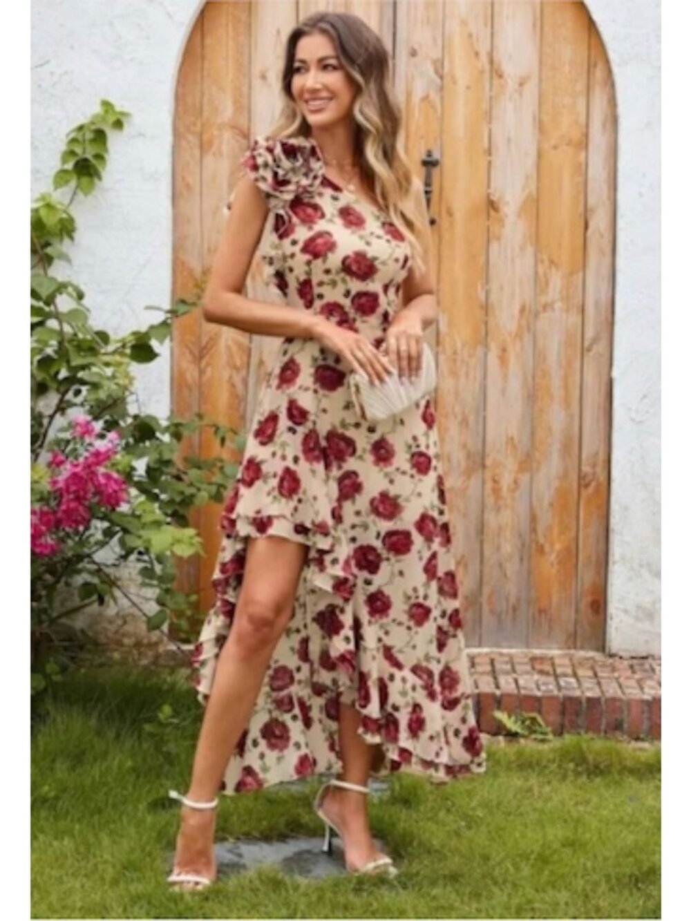NEW: Grace Karin One Shoulder Floral Asymmetrical Ruffle Hem Dress, Size 16